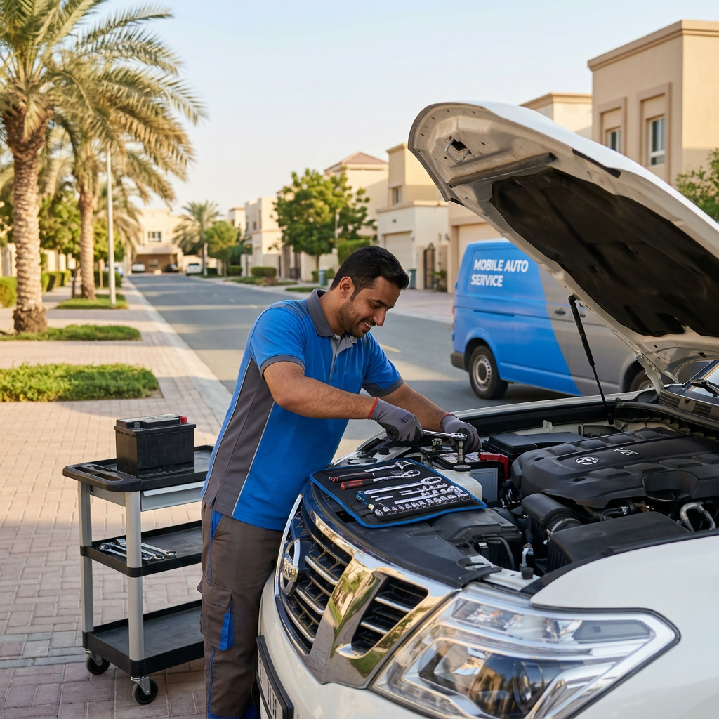 Technician fitting a new battery to a Range Rover in Jumeirah