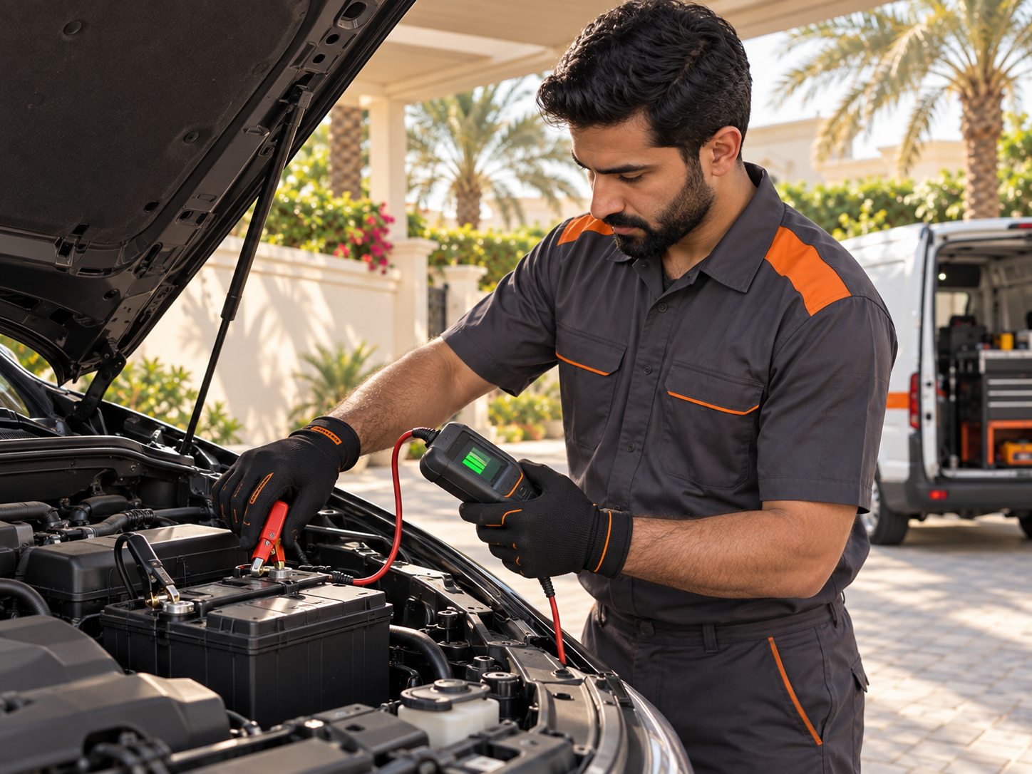 Technician reading a car battery's voltage with a digital multimeter