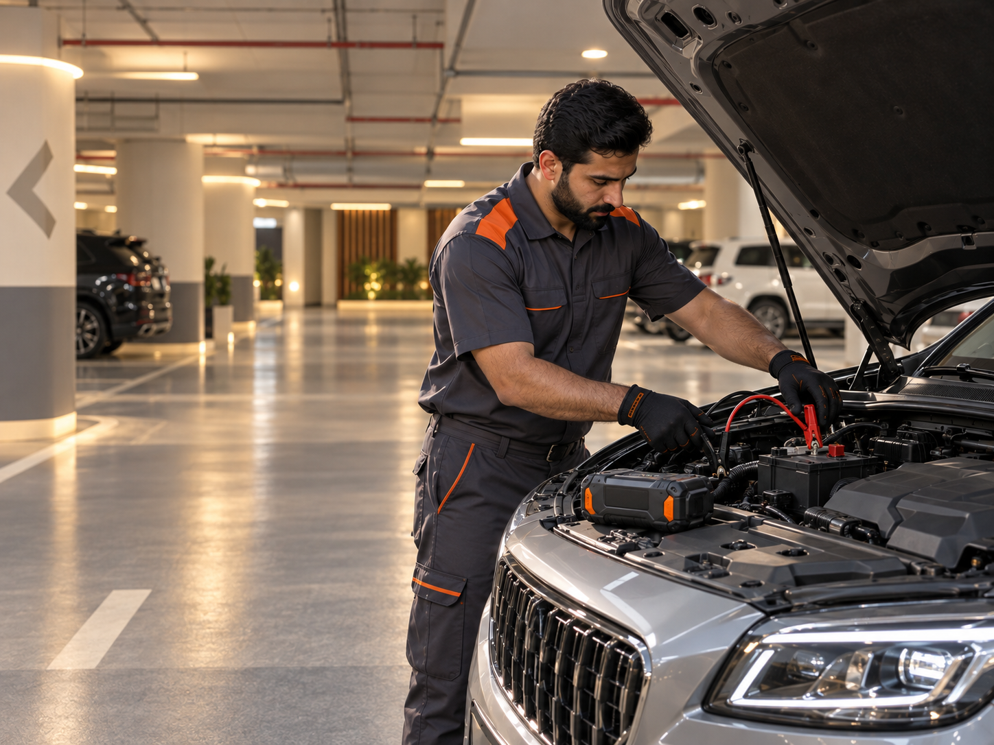 Technician connecting jump leads to a car battery in Jumeirah