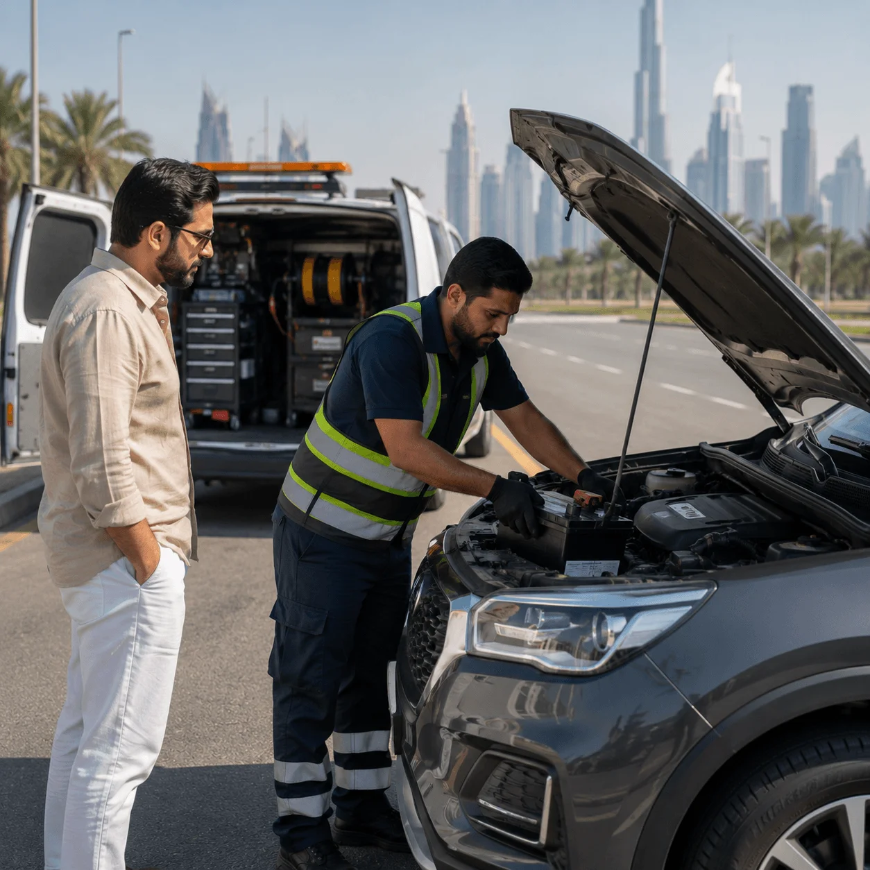 Technician fitting a new battery to a MINI in Jumeirah
