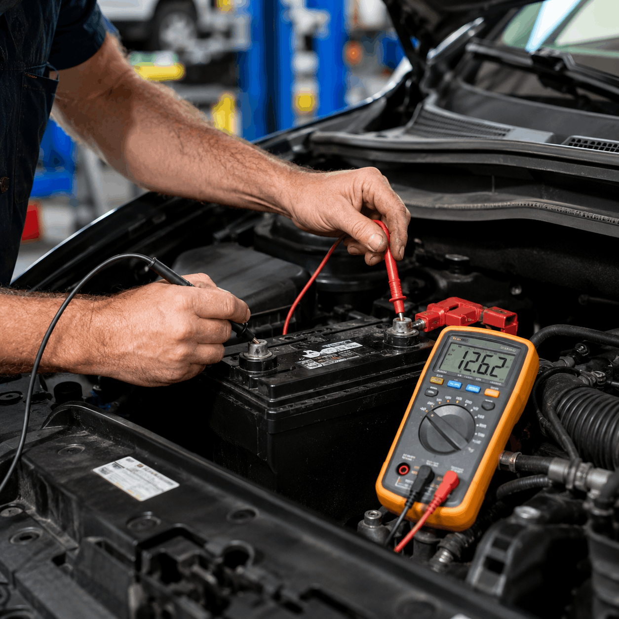 Technician fitting a new battery to a Audi in Jumeirah