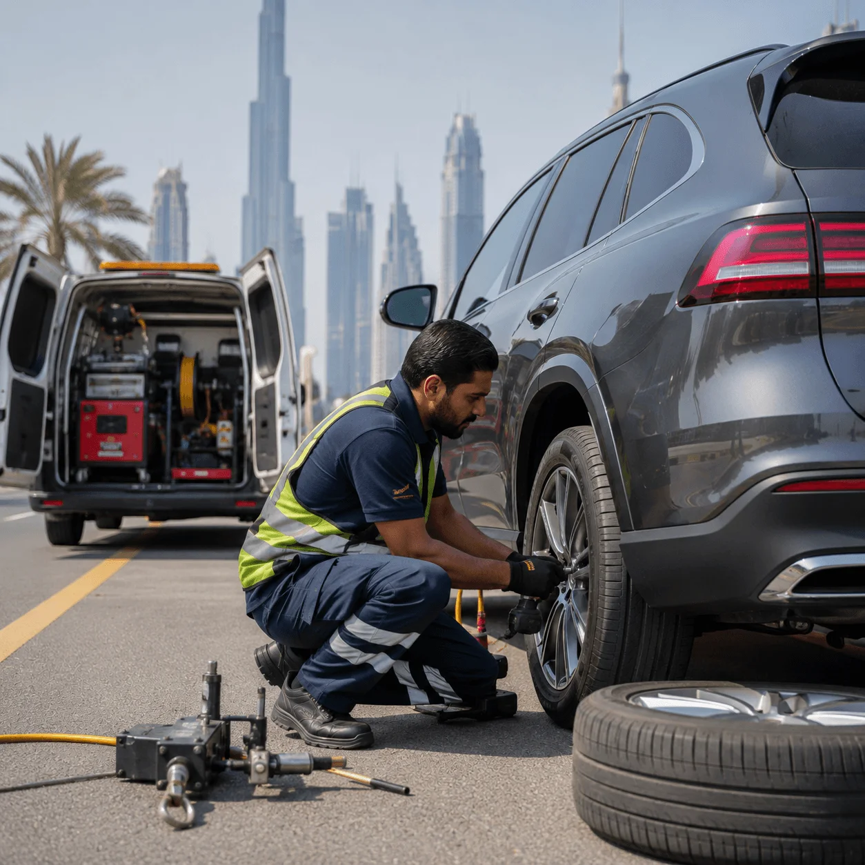 Technician fitting a new battery to a Geely in Jumeirah